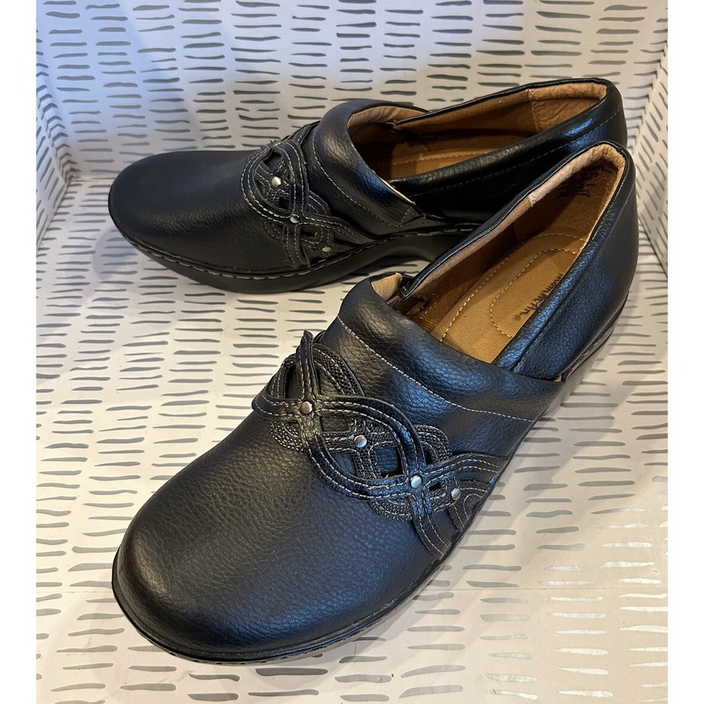 Thom McAn Womens Black Leather Wedge Clogs Mules Shoes Braided Detail Size 11